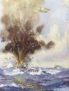 Il comandante di squadriglia Arthur Bigsworth attacca con bombe un sottomarino tedesco, che si riempie e affonda al largo di Ostenda, Belgio, 26 agosto 1915 da H. G. Swanwick
